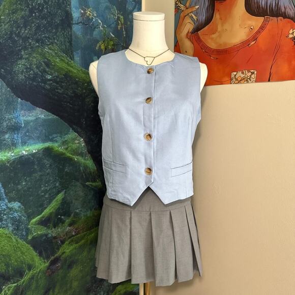 light blue button front vest nwt preppy minimalist officecore - Picture 1 of 5